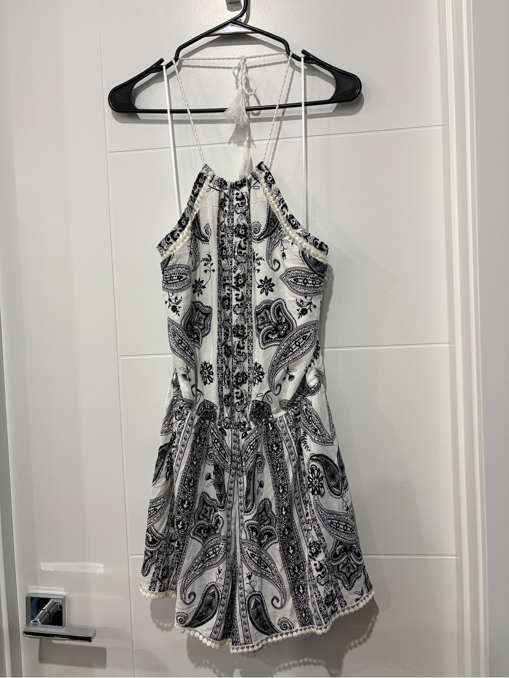 White and Black Paisley Halter Romper with Pom Trim